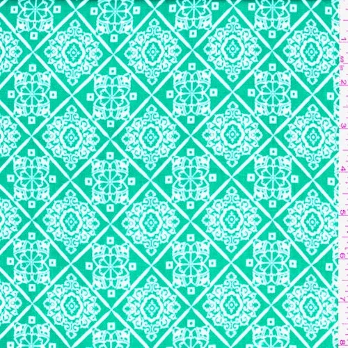 Aquamarine/White Medallion Diamond Rayon Crepe Fabric