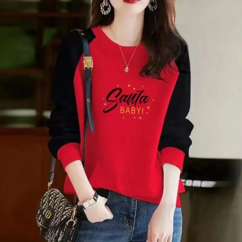 Autumn and Winter Women's Pullover Round Neck Letter Print Plush Thick Contrast Long Sleeve Hoodies Loose Fashion Casual Tops