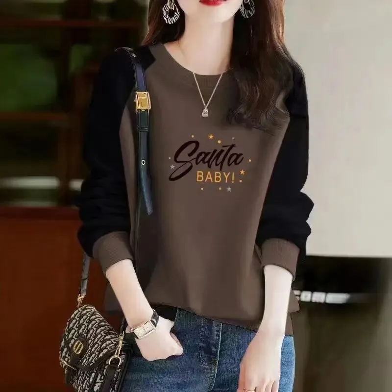 Autumn and Winter Women's Pullover Round Neck Letter Print Plush Thick Contrast Long Sleeve Hoodies Loose Fashion Casual Tops