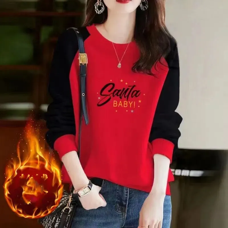 Autumn and Winter Women's Pullover Round Neck Letter Print Plush Thick Contrast Long Sleeve Hoodies Loose Fashion Casual Tops