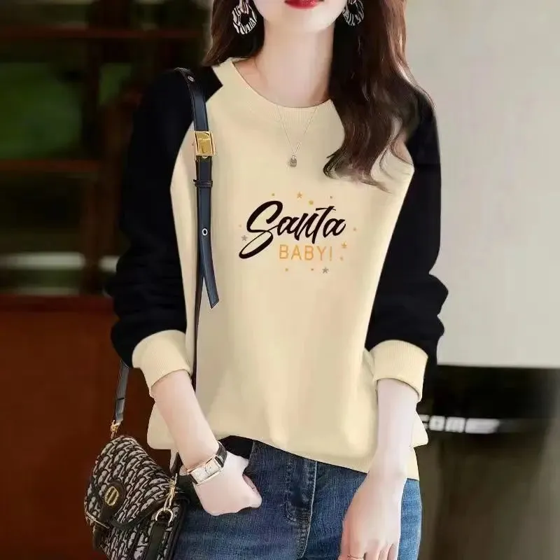 Autumn and Winter Women's Pullover Round Neck Letter Print Plush Thick Contrast Long Sleeve Hoodies Loose Fashion Casual Tops
