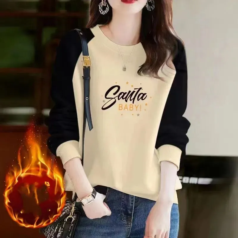 Autumn and Winter Women's Pullover Round Neck Letter Print Plush Thick Contrast Long Sleeve Hoodies Loose Fashion Casual Tops