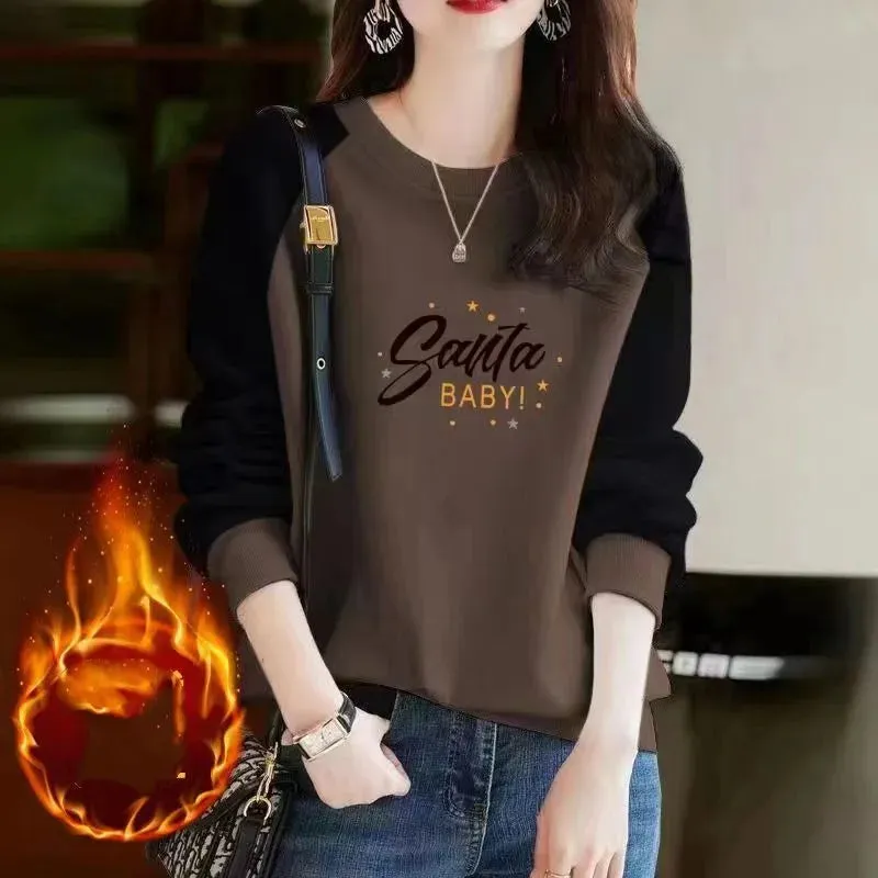 Autumn and Winter Women's Pullover Round Neck Letter Print Plush Thick Contrast Long Sleeve Hoodies Loose Fashion Casual Tops