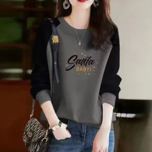 Autumn and Winter Women's Pullover Round Neck Letter Print Plush Thick Contrast Long Sleeve Hoodies Loose Fashion Casual Tops