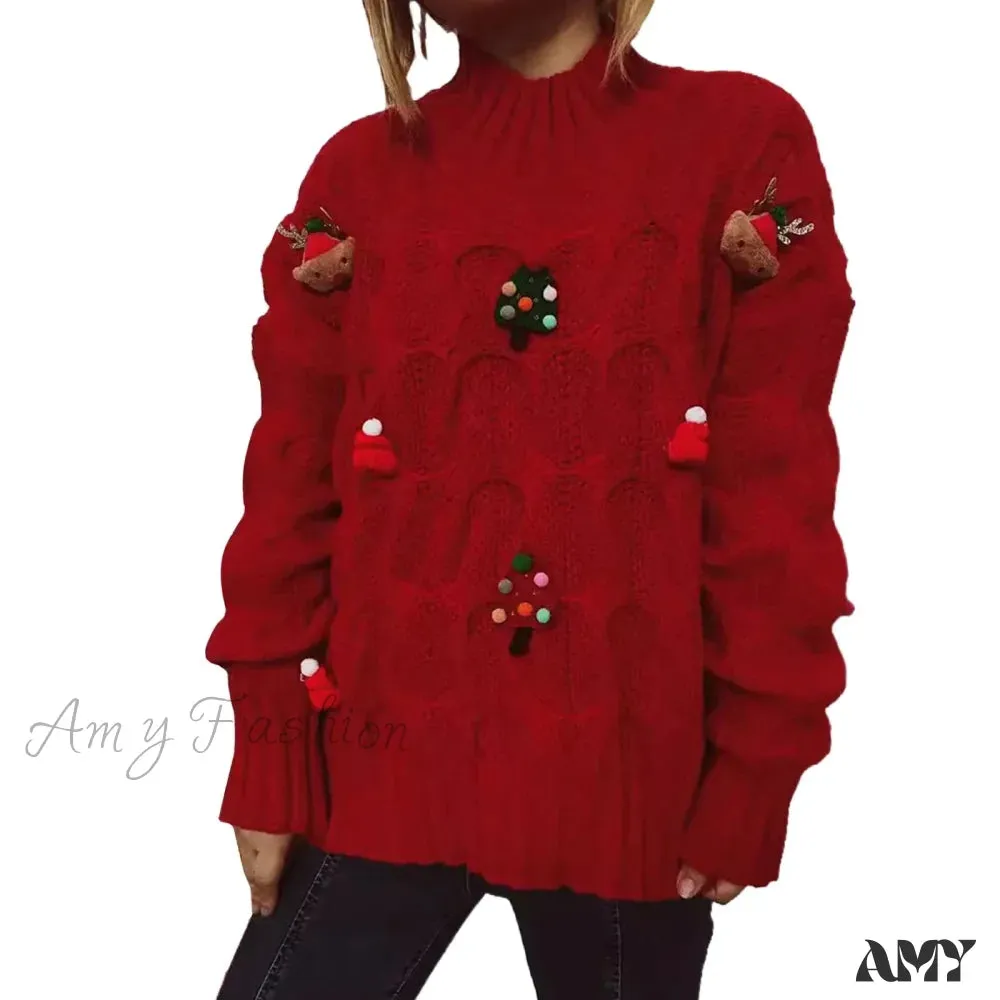 Autumn Winter Xmas Loose Round Neck Print Knitted Christmas Sweater