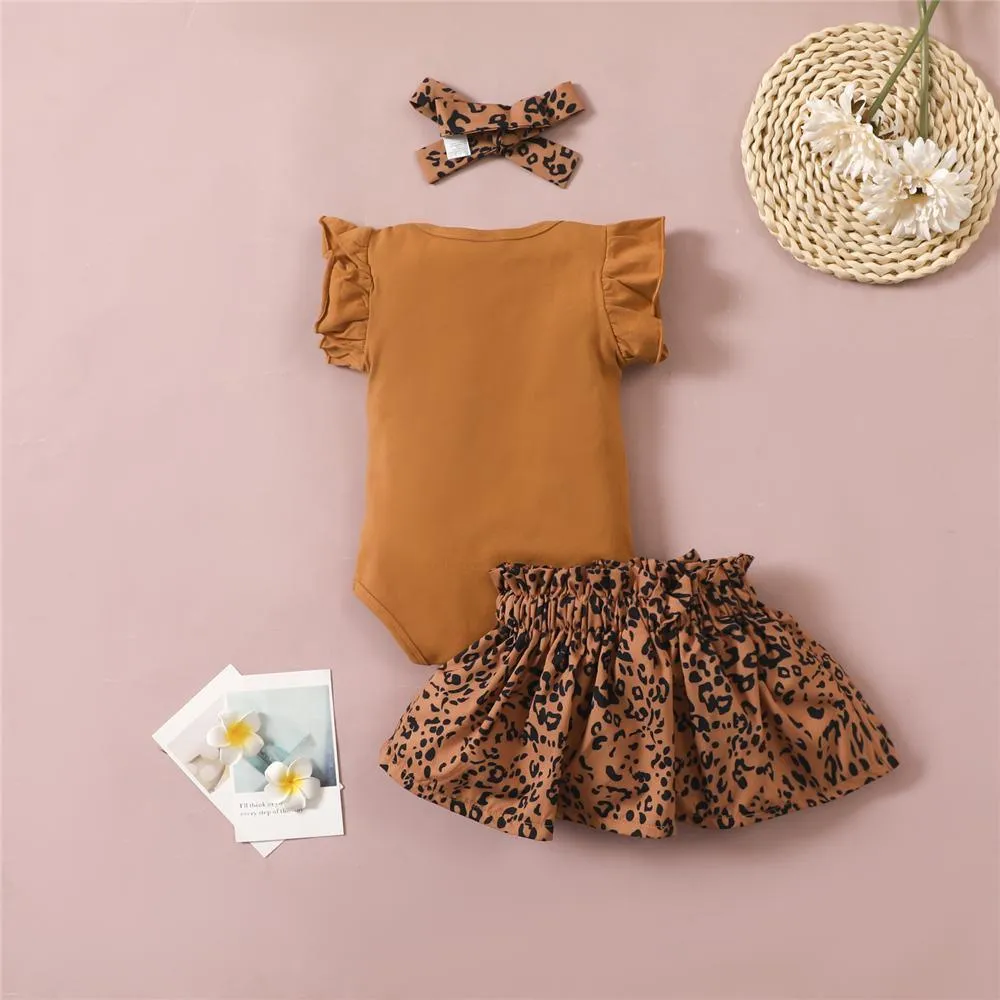 Baby Girls Short Sleeve Letter Printed Romper & Leopard Skirt & Headband plain baby grows wholesale