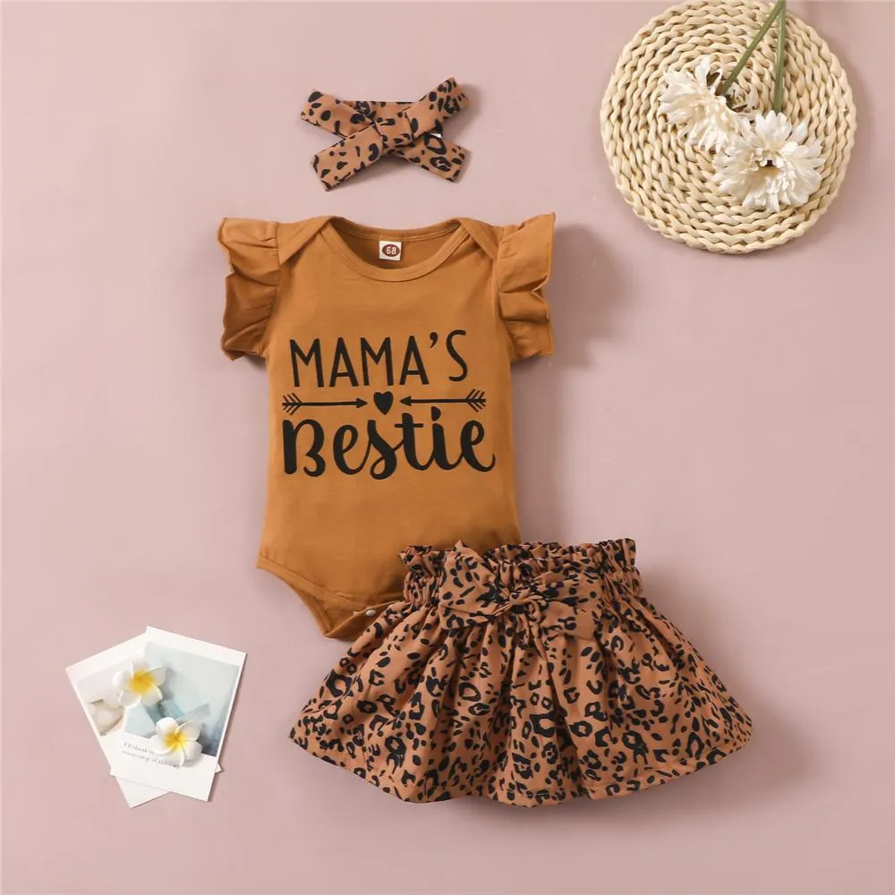 Baby Girls Short Sleeve Letter Printed Romper & Leopard Skirt & Headband plain baby grows wholesale