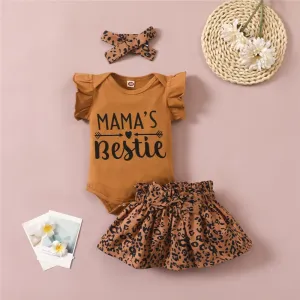 Baby Girls Short Sleeve Letter Printed Romper & Leopard Skirt & Headband plain baby grows wholesale