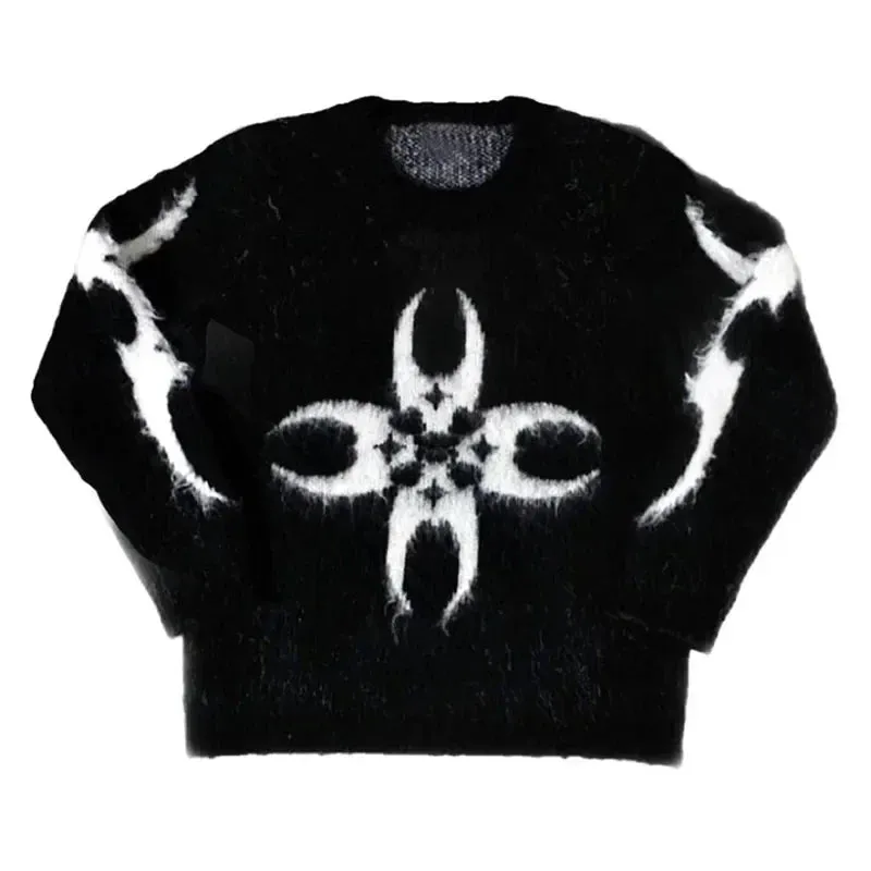 Back To School Joskaa 2024 Fall Fashion  American Winter O-neck Gothic Pattern Hairy Thick Knitted Man Woman Sweaters Women Fashion Long Sleeve Pullover Y2k Clothes Top