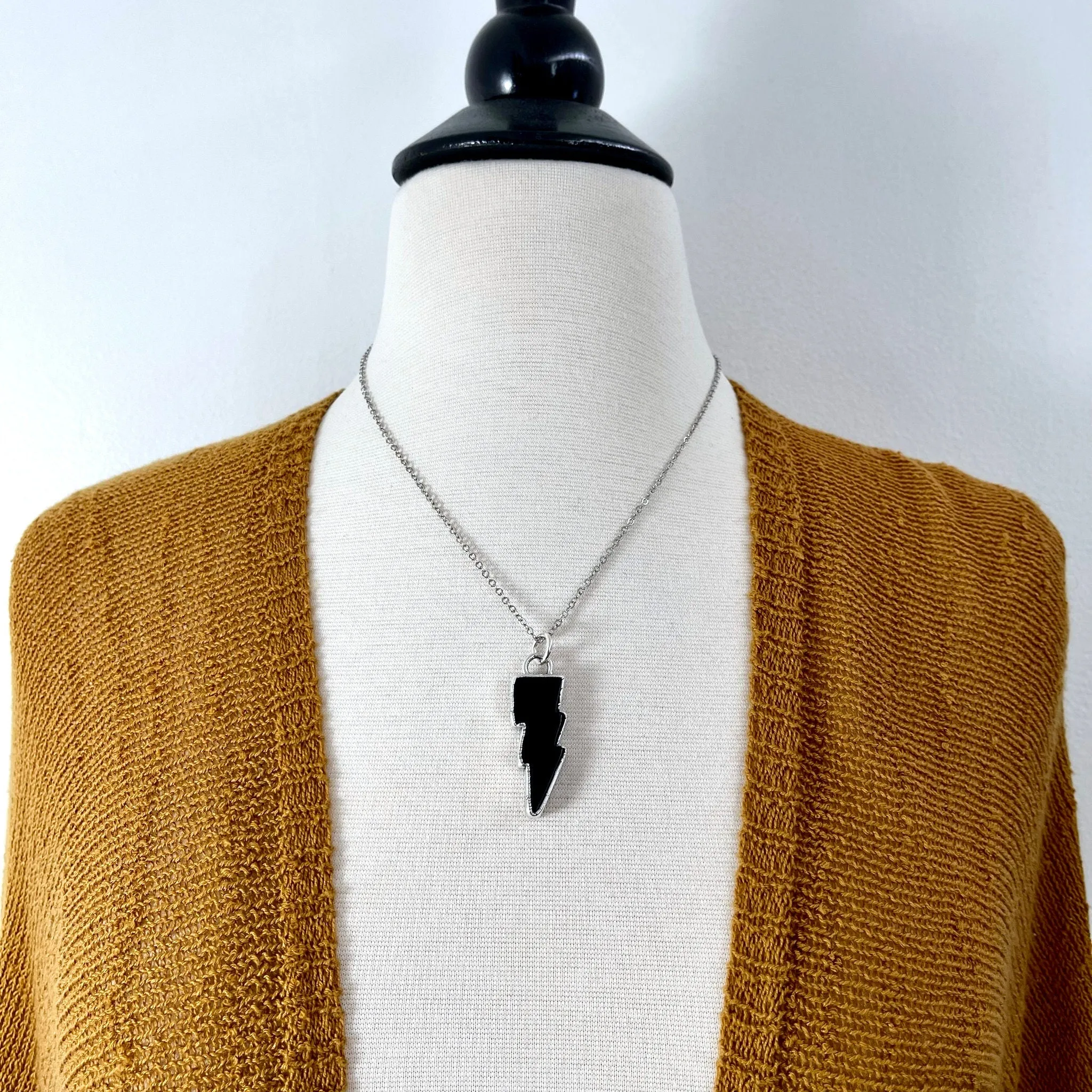Black Onyx Lightning Bolt Crystal Necklace, Gothic Jewelry / Foxlark Collections
