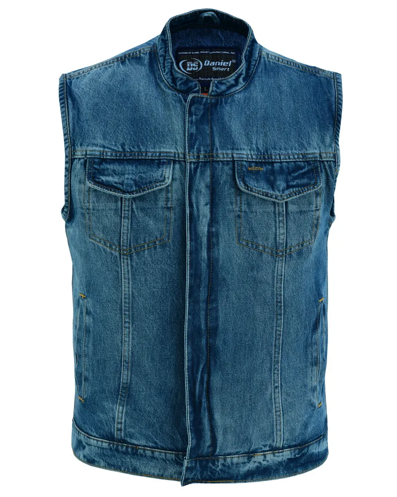 BU Concealed Snap Closure, Denim Material, Scoop Collar & Hidden