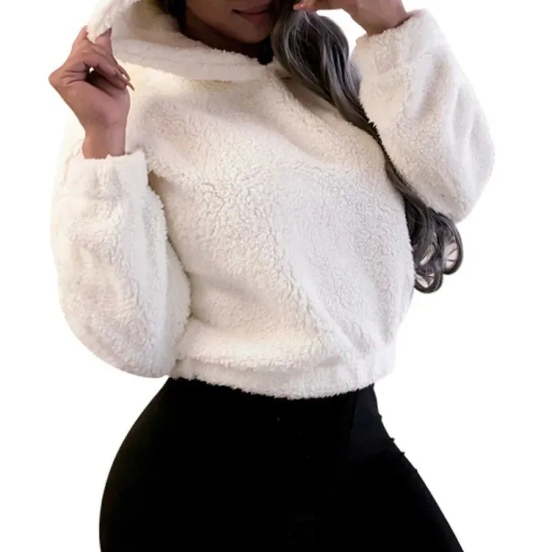 DERMEARNE Autumn Winter Long-sleeved Bear Ears Hat Solid Color Plush Sweatshirt Women Fashion Loose Short Casual Style Pullover Female