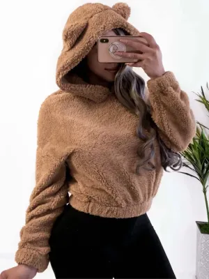 DERMEARNE Autumn Winter Long-sleeved Bear Ears Hat Solid Color Plush Sweatshirt Women Fashion Loose Short Casual Style Pullover Female