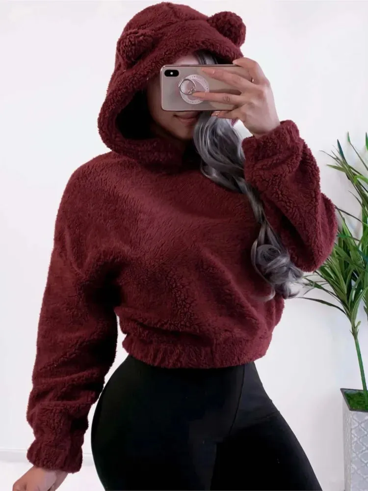 DERMEARNE Autumn Winter Long-sleeved Bear Ears Hat Solid Color Plush Sweatshirt Women Fashion Loose Short Casual Style Pullover Female