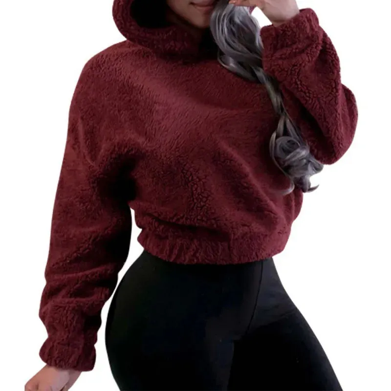 DERMEARNE Autumn Winter Long-sleeved Bear Ears Hat Solid Color Plush Sweatshirt Women Fashion Loose Short Casual Style Pullover Female
