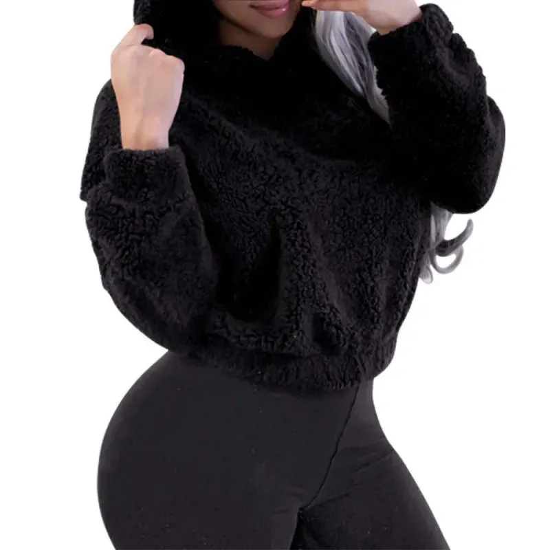 DERMEARNE Autumn Winter Long-sleeved Bear Ears Hat Solid Color Plush Sweatshirt Women Fashion Loose Short Casual Style Pullover Female