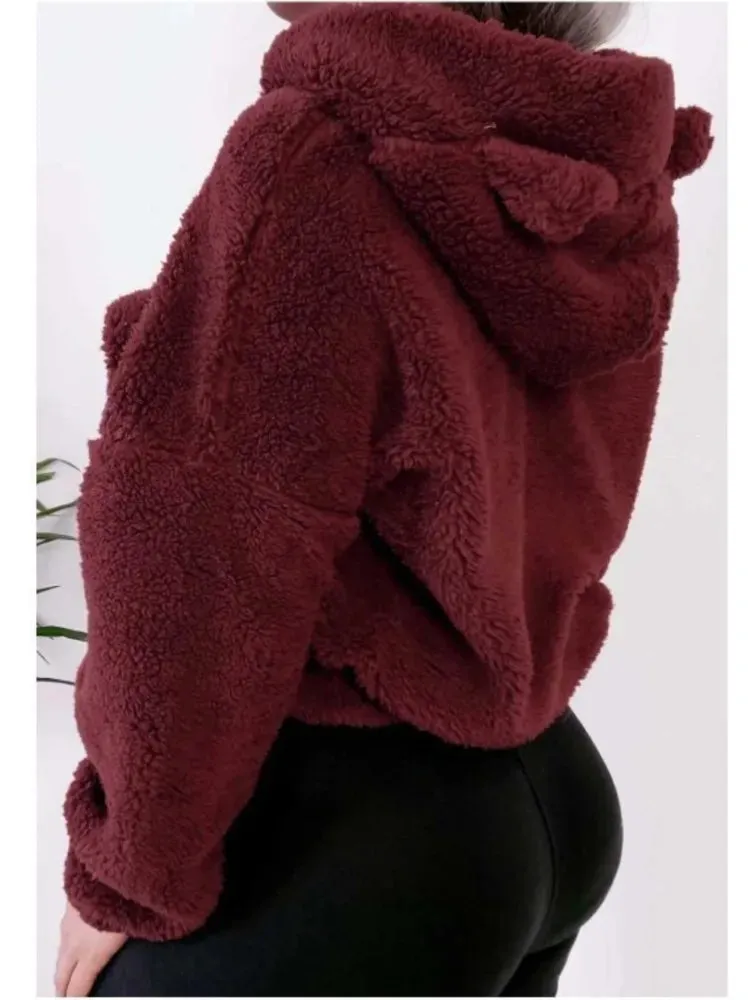 DERMEARNE Autumn Winter Long-sleeved Bear Ears Hat Solid Color Plush Sweatshirt Women Fashion Loose Short Casual Style Pullover Female