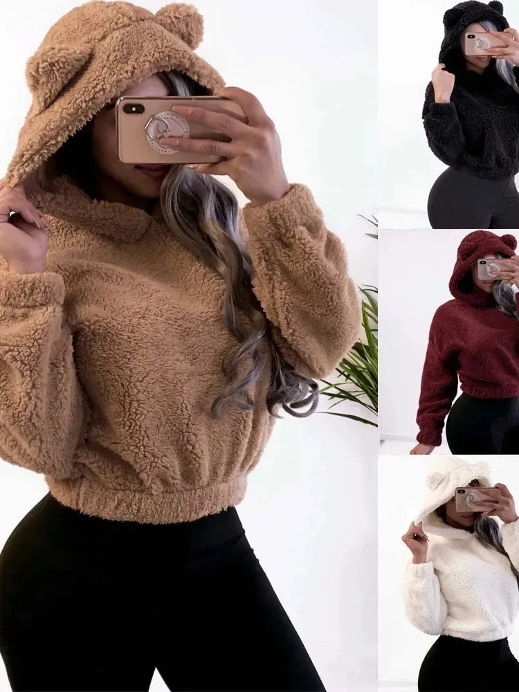 DERMEARNE Autumn Winter Long-sleeved Bear Ears Hat Solid Color Plush Sweatshirt Women Fashion Loose Short Casual Style Pullover Female