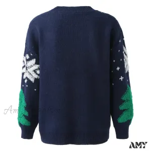 Knitted Spliced Vintage Loose Round Neck Long Sleeve Christmas Sweater