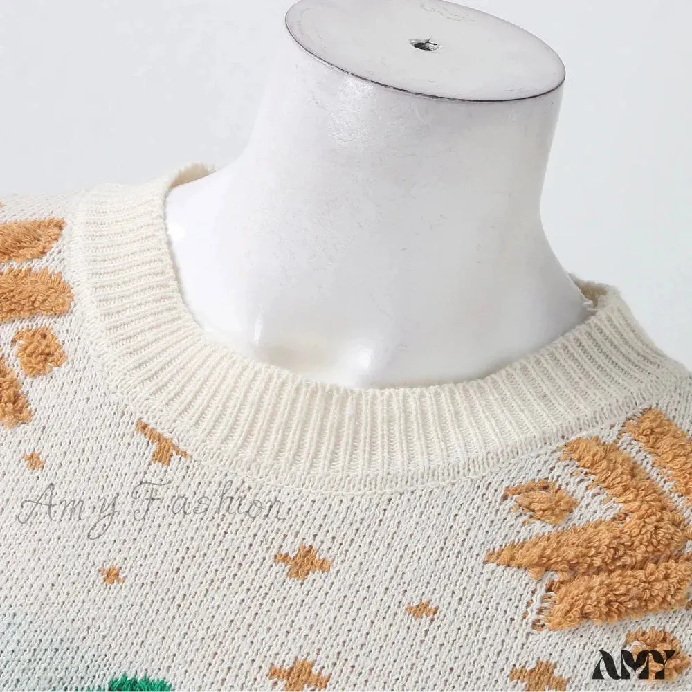 Knitted Spliced Vintage Loose Round Neck Long Sleeve Christmas Sweater