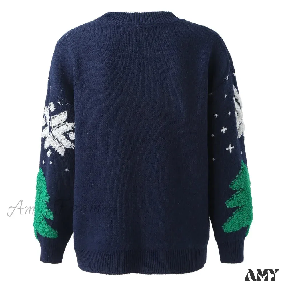 Knitted Spliced Vintage Loose Round Neck Long Sleeve Christmas Sweater