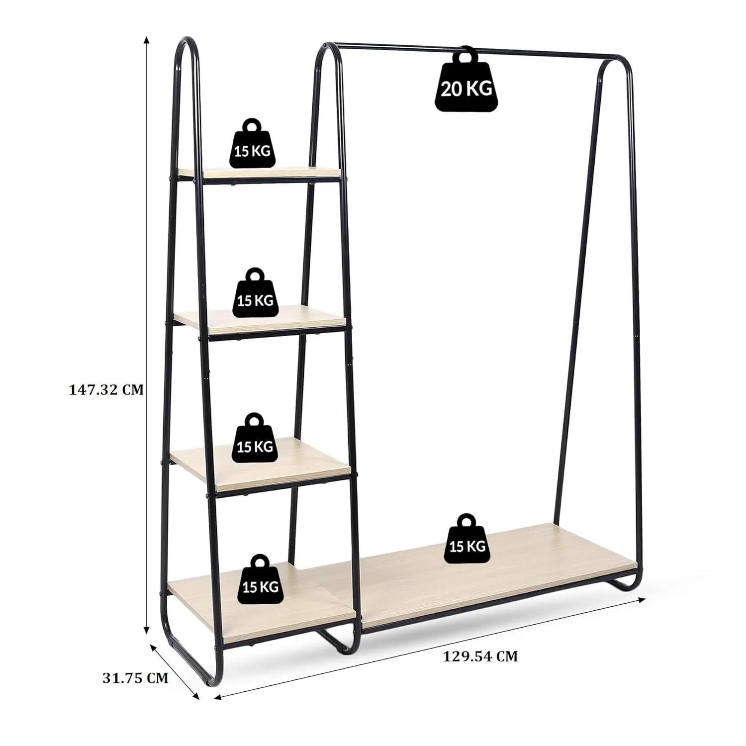 KriShyam® Metal Garment Rack with 4-Tier Wood Shelves and Hanging Rod - Freestanding Open Wardrobe Closet Clothing Storage Organizer for Bedroom, Hallway, Living Room