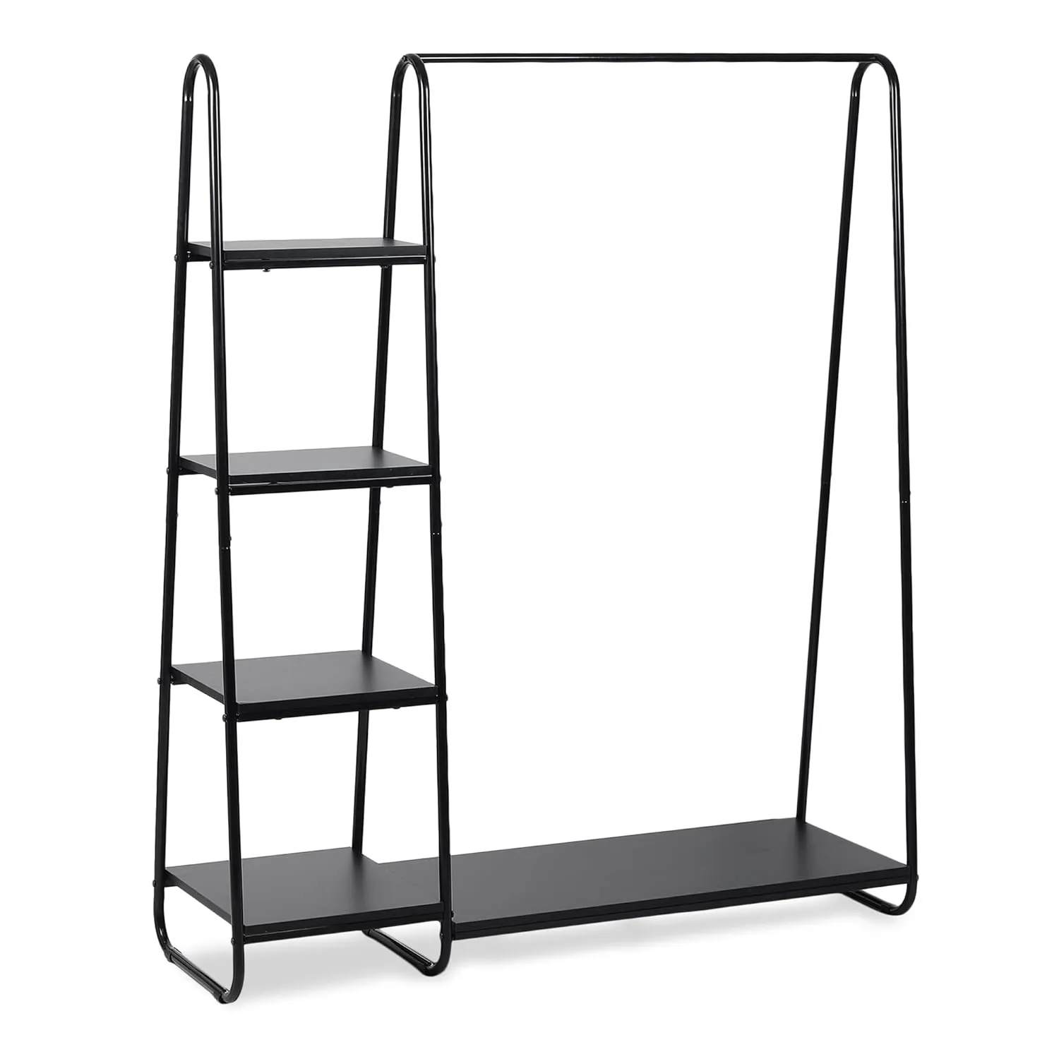 KriShyam® Metal Garment Rack with 4-Tier Wood Shelves and Hanging Rod - Freestanding Open Wardrobe Closet Clothing Storage Organizer for Bedroom, Hallway, Living Room