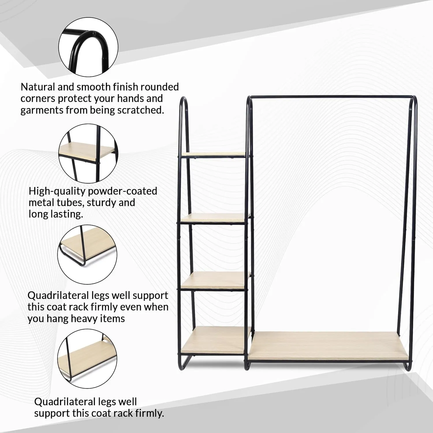 KriShyam® Metal Garment Rack with 4-Tier Wood Shelves and Hanging Rod - Freestanding Open Wardrobe Closet Clothing Storage Organizer for Bedroom, Hallway, Living Room