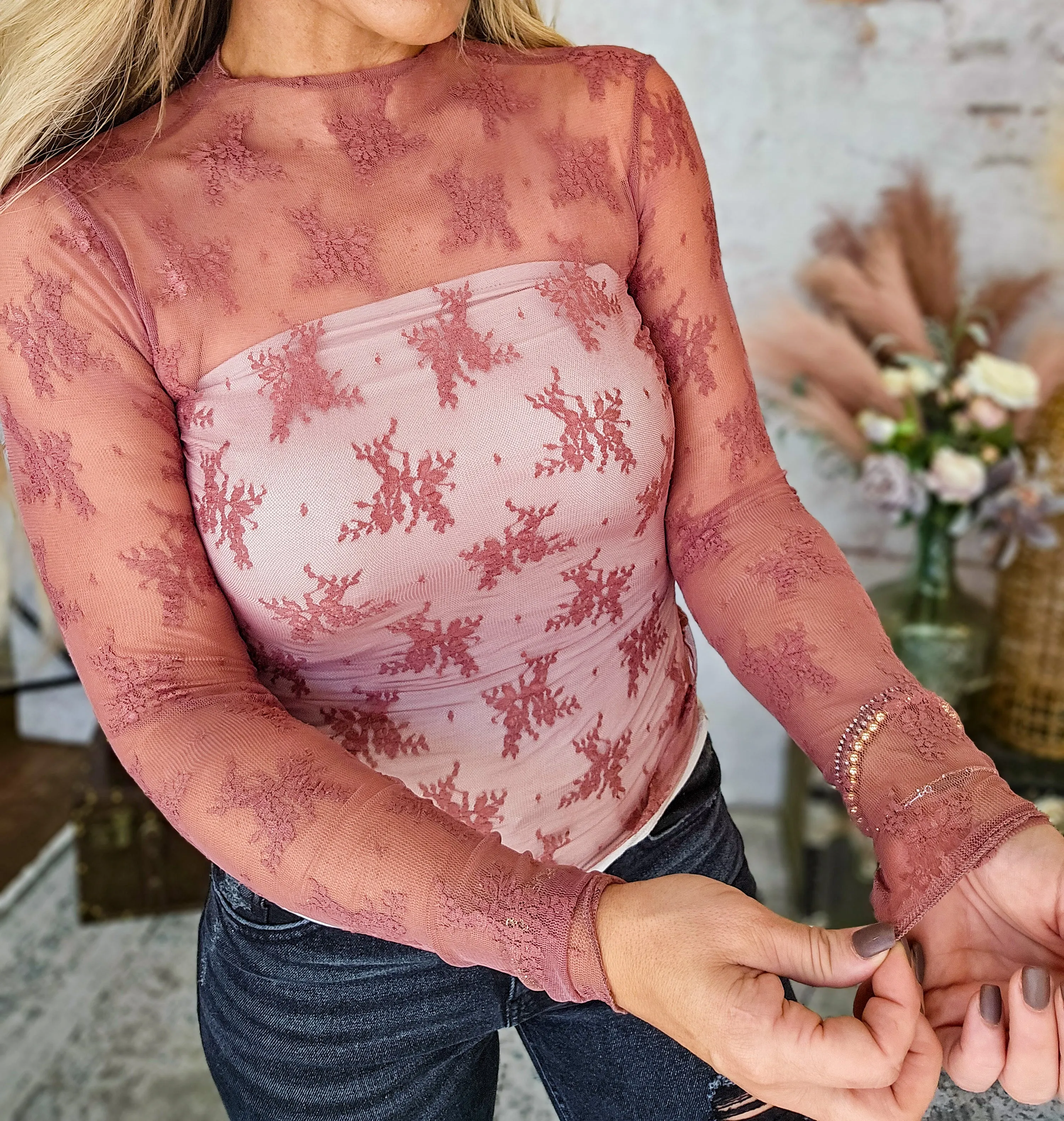 Lace Mesh Longsleeve Top, Mauvy-Brown