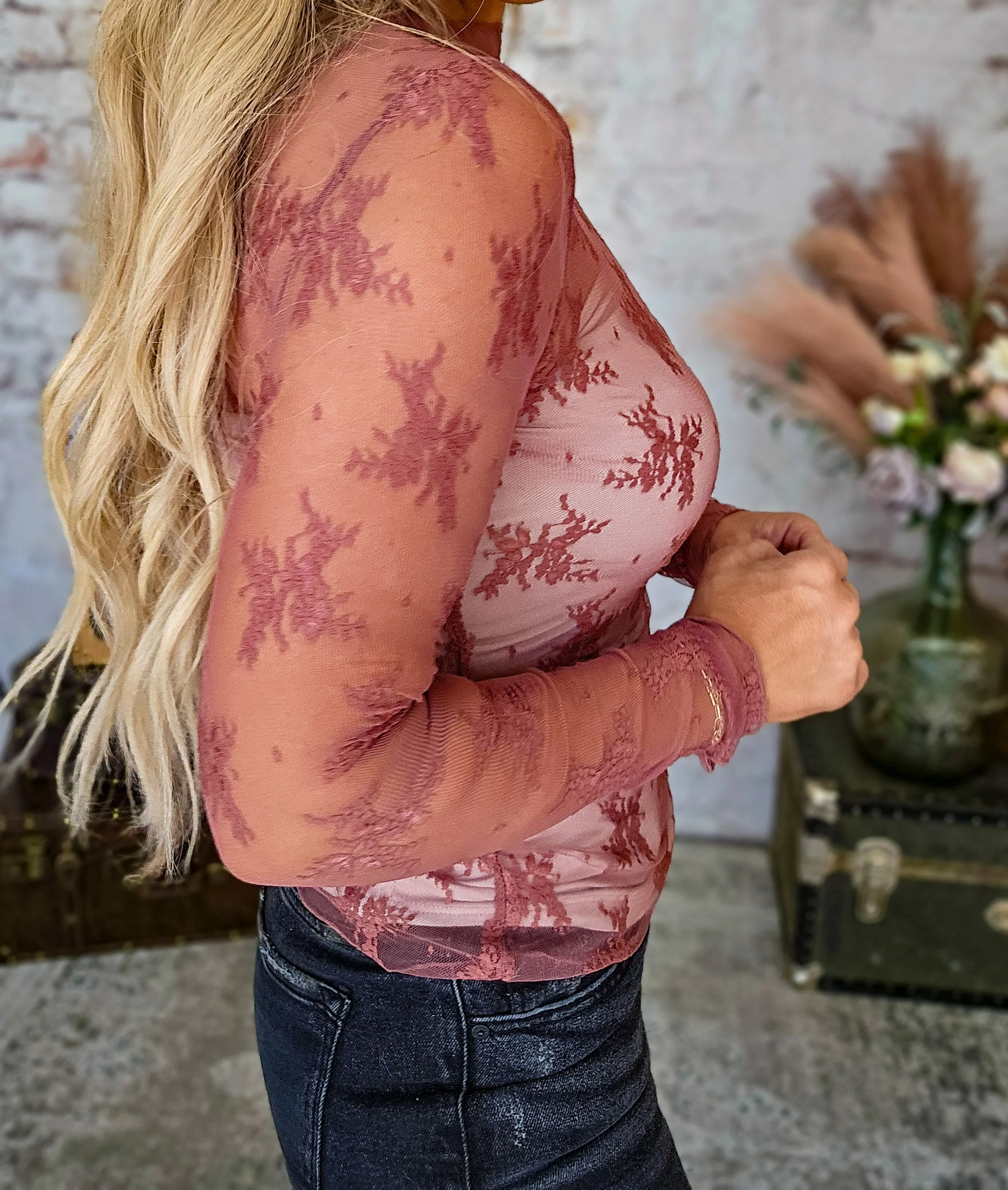 Lace Mesh Longsleeve Top, Mauvy-Brown