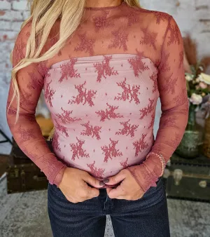 Lace Mesh Longsleeve Top, Mauvy-Brown