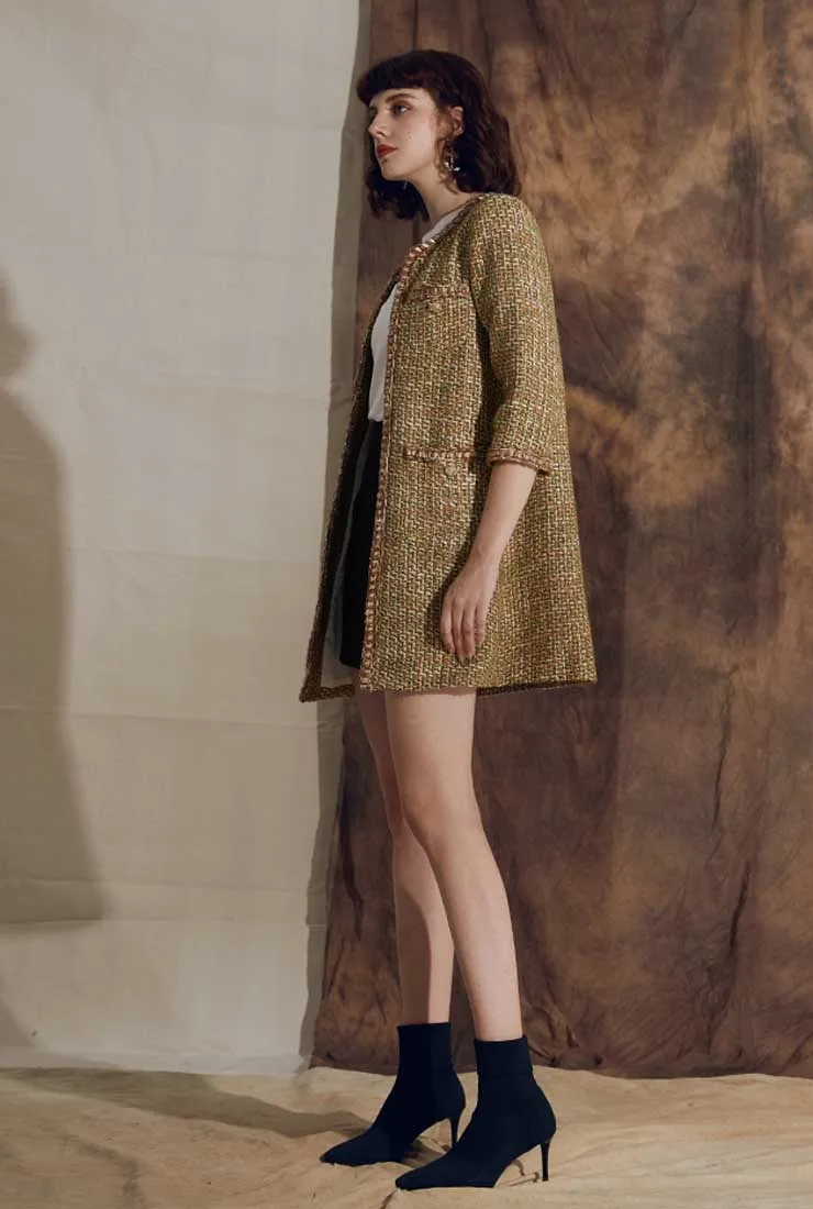 Mid-length Cropped Sleeves Oliver Green Tweed Coat