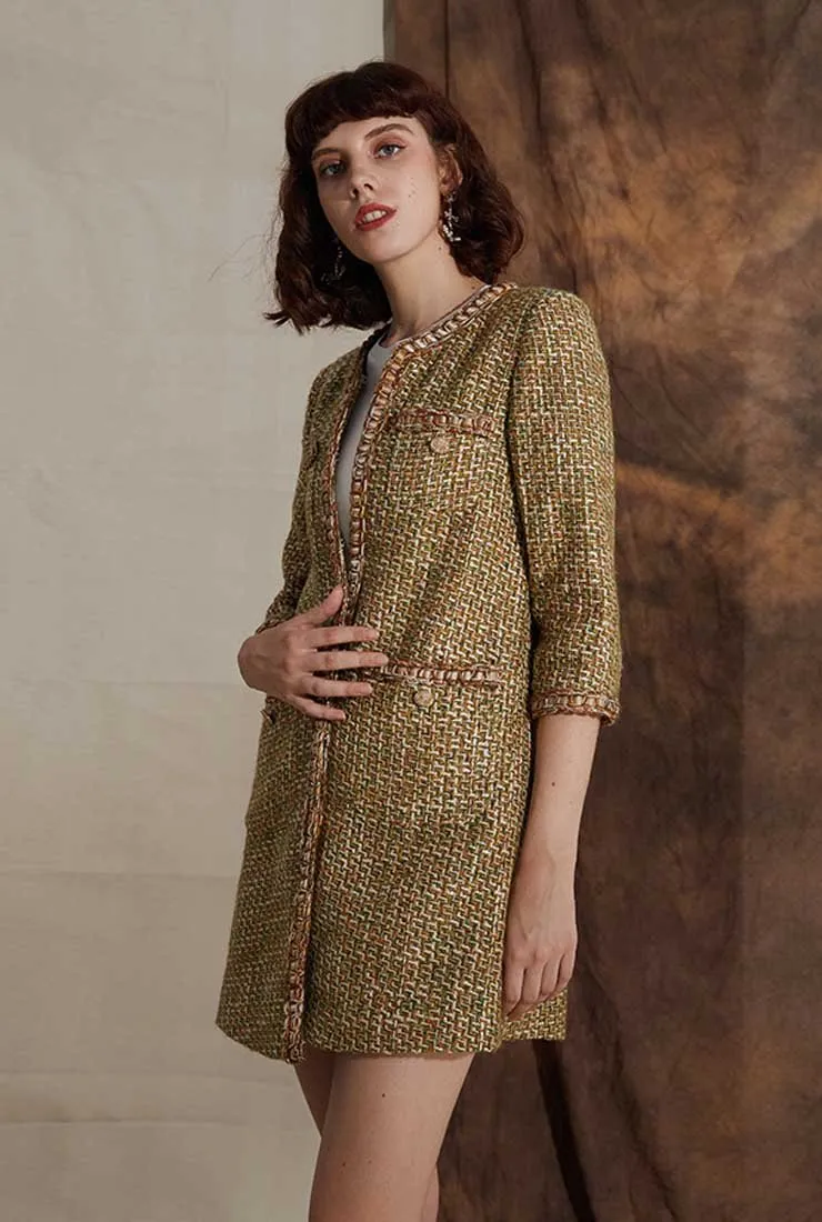 Mid-length Cropped Sleeves Oliver Green Tweed Coat