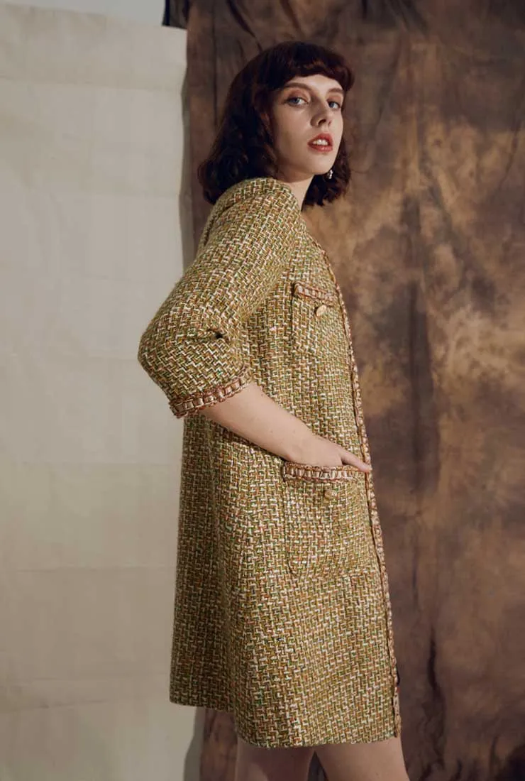 Mid-length Cropped Sleeves Oliver Green Tweed Coat