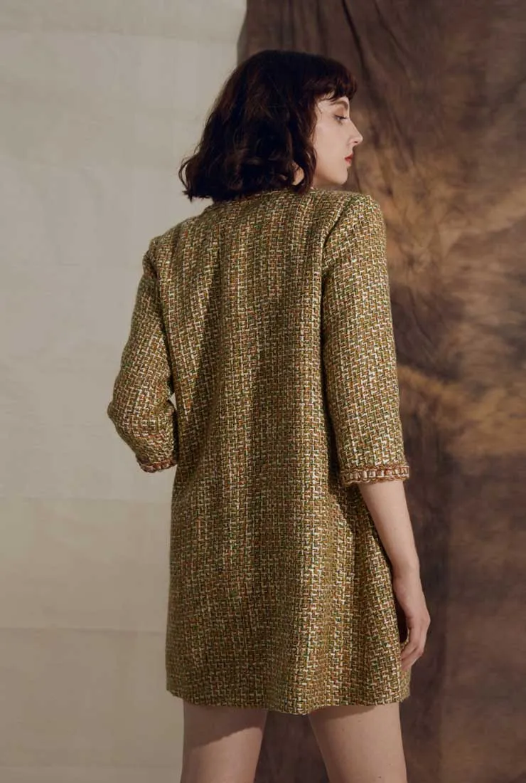 Mid-length Cropped Sleeves Oliver Green Tweed Coat