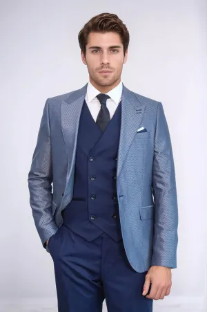 Navy Blue Self-Patterned Vested Suit | Wessi