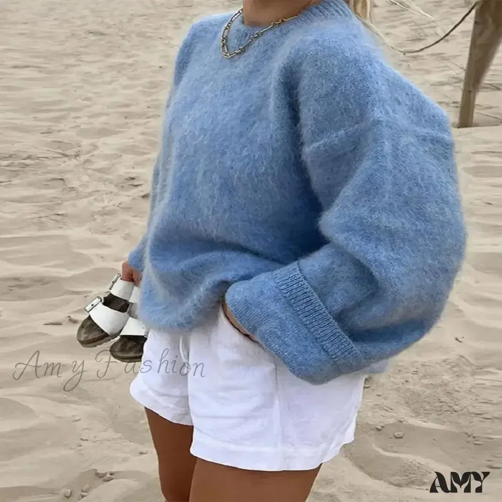 O-neck Rib Knitted Mohair Long Sleeve Women Autumn Winter Loose Cropped Jumper Casual Fashion Sweater