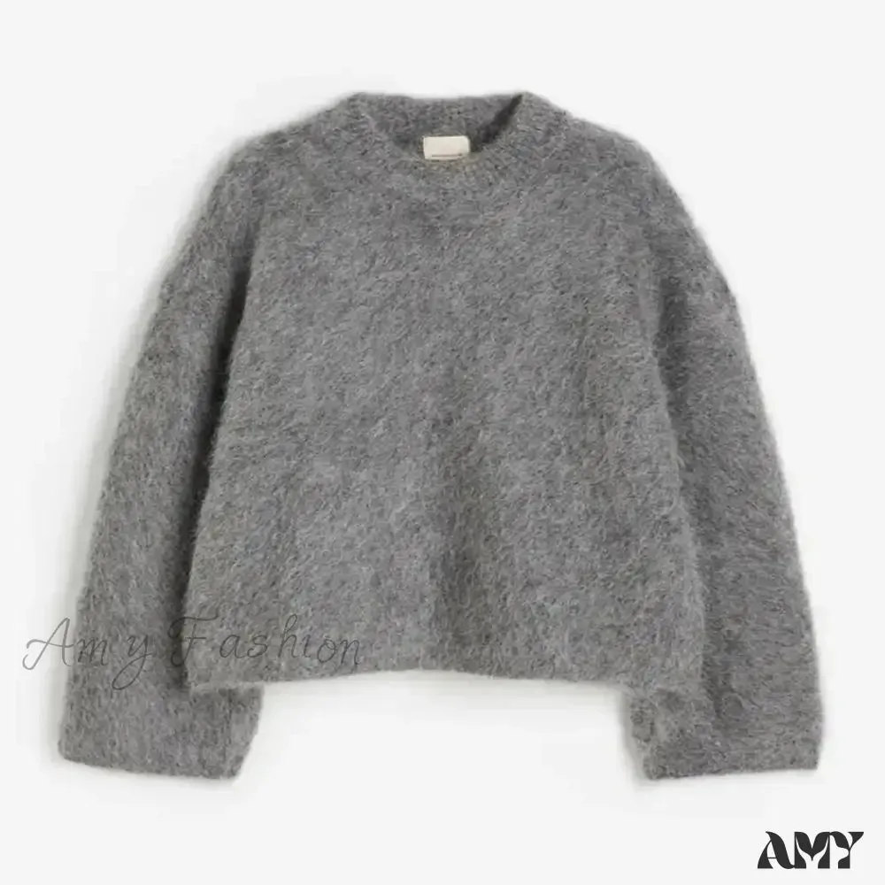 O-neck Rib Knitted Mohair Long Sleeve Women Autumn Winter Loose Cropped Jumper Casual Fashion Sweater