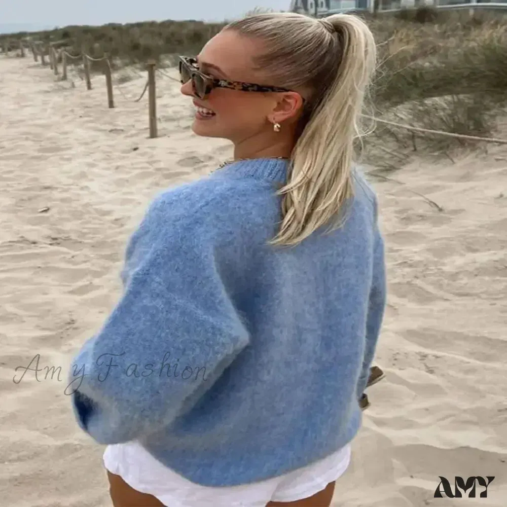 O-neck Rib Knitted Mohair Long Sleeve Women Autumn Winter Loose Cropped Jumper Casual Fashion Sweater