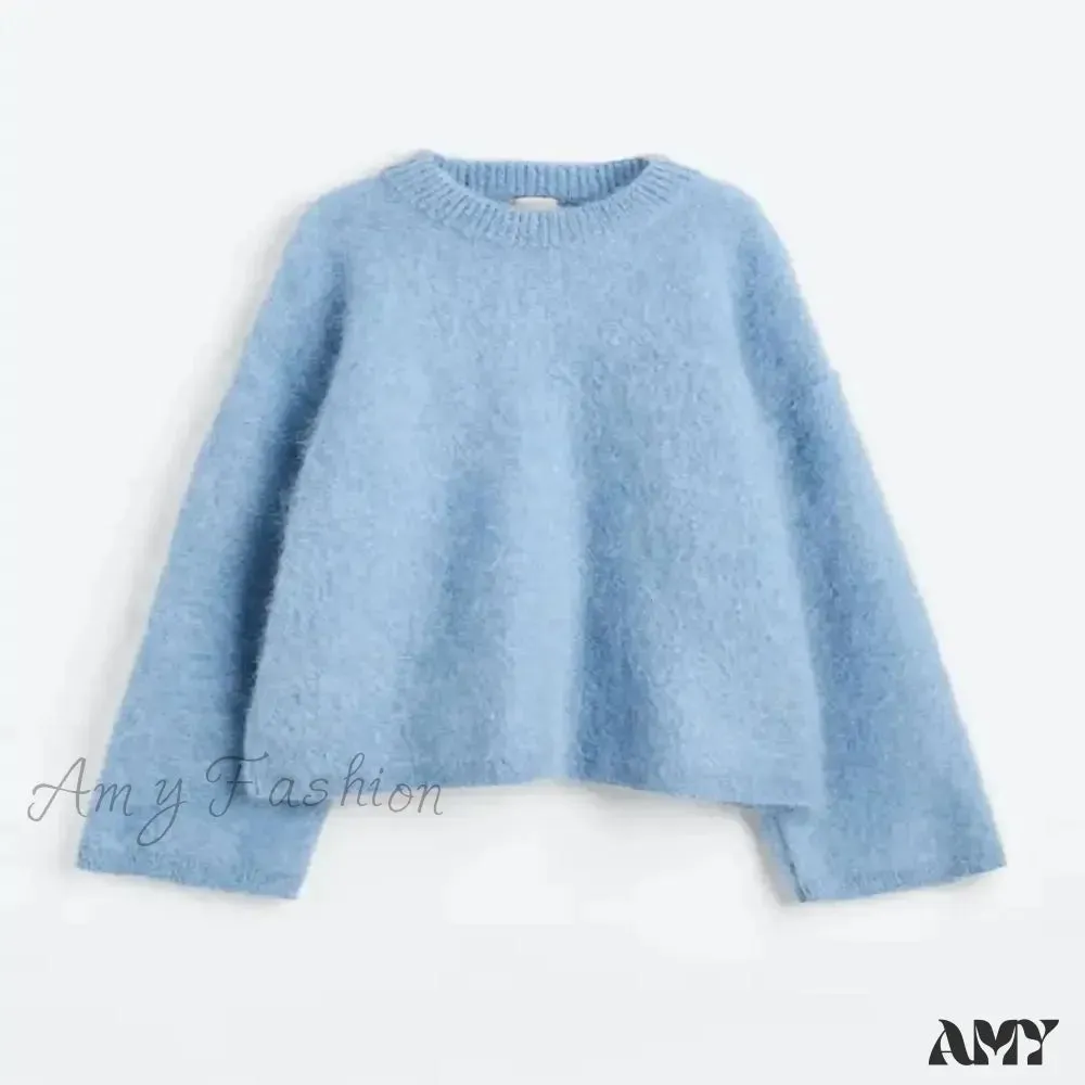 O-neck Rib Knitted Mohair Long Sleeve Women Autumn Winter Loose Cropped Jumper Casual Fashion Sweater