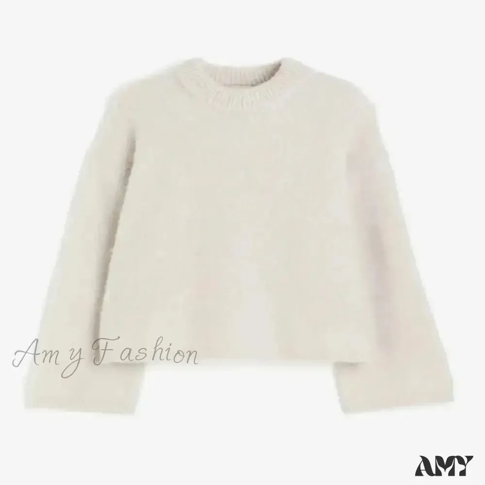 O-neck Rib Knitted Mohair Long Sleeve Women Autumn Winter Loose Cropped Jumper Casual Fashion Sweater