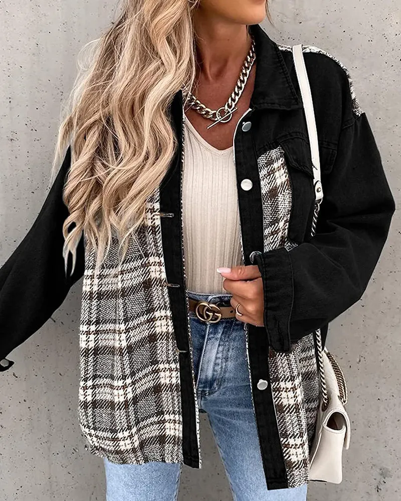 Plaid Patchwork Jackets Lapel Collar Spliced Button Down Pockets Overcoats