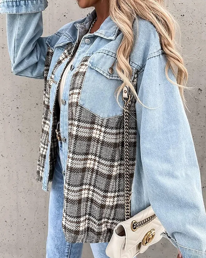 Plaid Patchwork Jackets Lapel Collar Spliced Button Down Pockets Overcoats