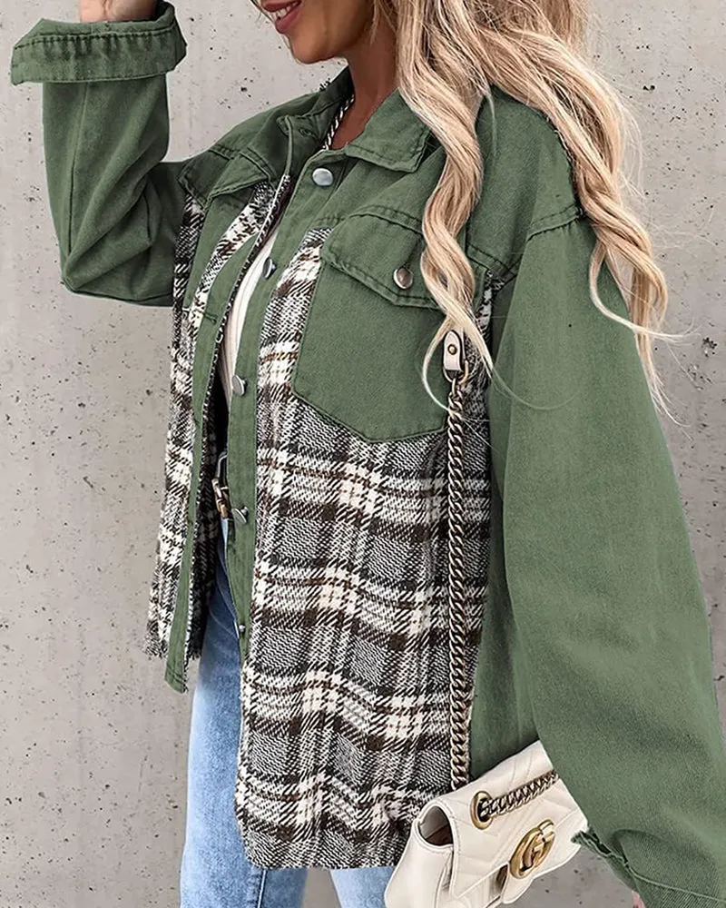 Plaid Patchwork Jackets Lapel Collar Spliced Button Down Pockets Overcoats