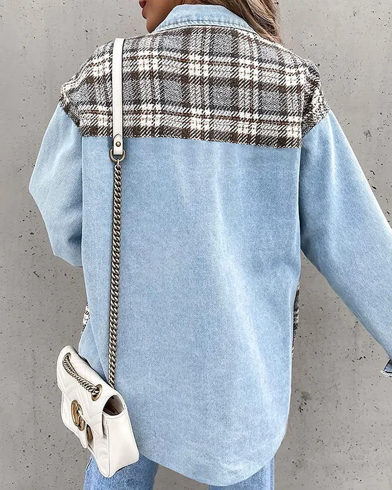 Plaid Patchwork Jackets Lapel Collar Spliced Button Down Pockets Overcoats