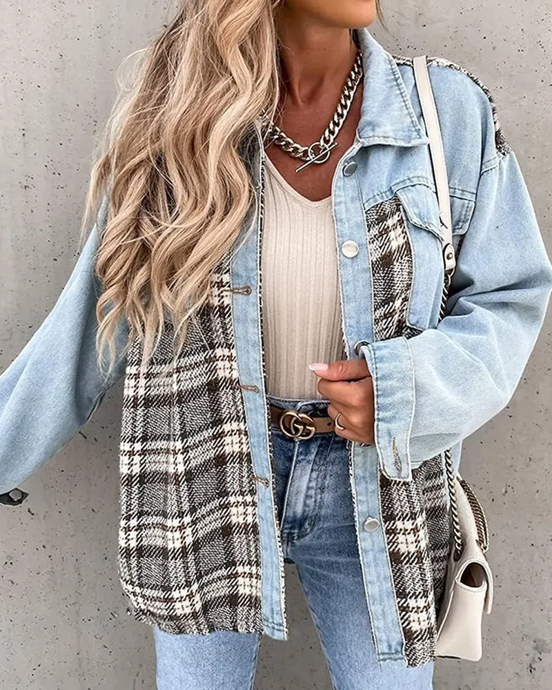Plaid Patchwork Jackets Lapel Collar Spliced Button Down Pockets Overcoats