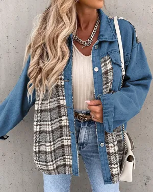 Plaid Patchwork Jackets Lapel Collar Spliced Button Down Pockets Overcoats