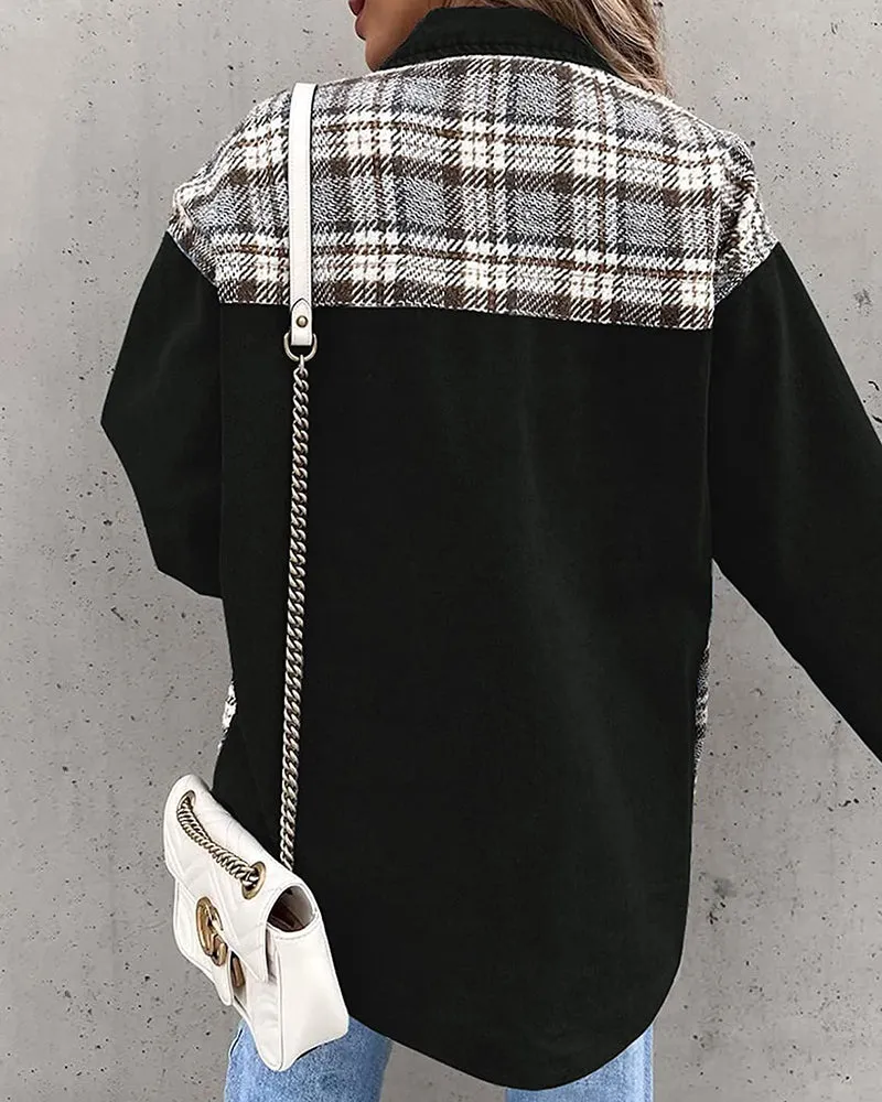Plaid Patchwork Jackets Lapel Collar Spliced Button Down Pockets Overcoats