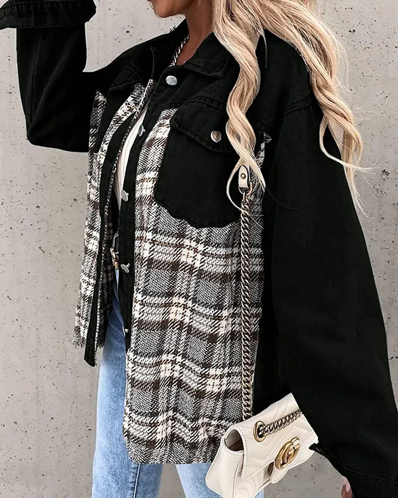 Plaid Patchwork Jackets Lapel Collar Spliced Button Down Pockets Overcoats