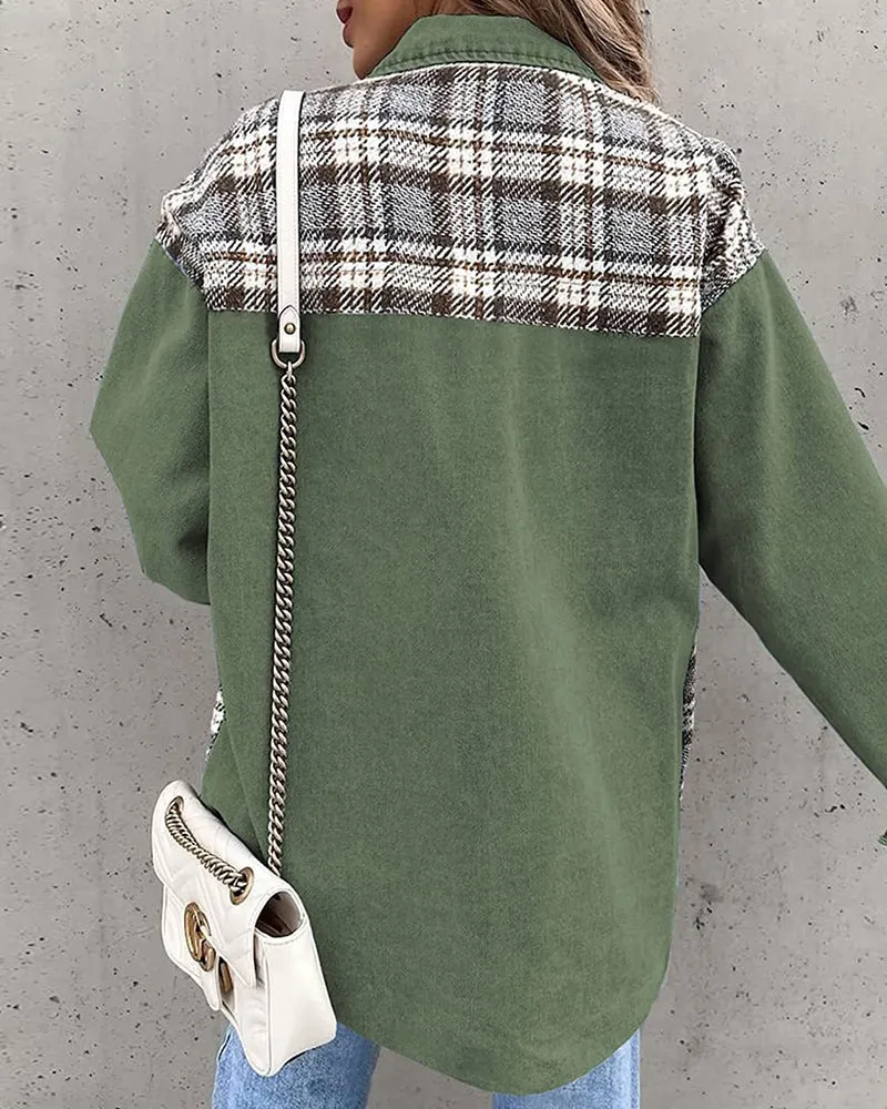 Plaid Patchwork Jackets Lapel Collar Spliced Button Down Pockets Overcoats